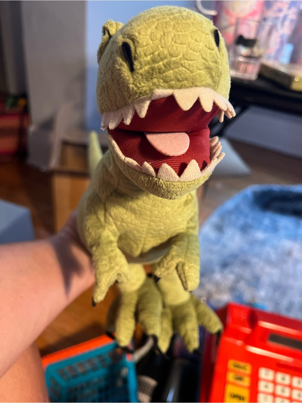 Green Plush T-Rex Puppet with Open Mouth